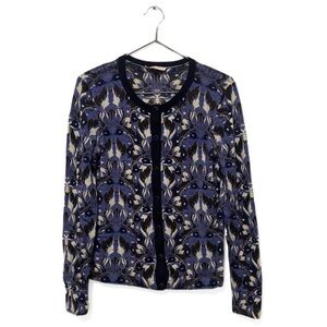 Tory Burch Blue/Black/White Merino Wool Printed Knit Cardigan Sweater Size Small